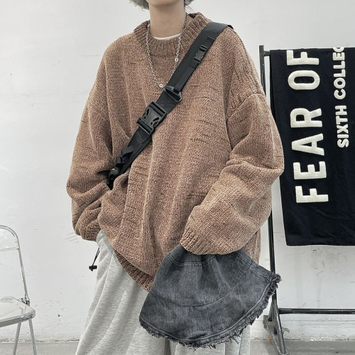 雪尼爾毛衣男秋冬季加厚ins潮流寬松圓領針織衫慵懶港風線衣外套