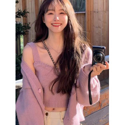 斬男溫柔小香風純色毛衣外套女2025年春秋新款背心針織開衫兩件套