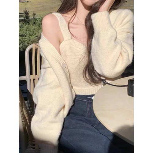 斬男溫柔小香風純色毛衣外套女2025年春秋新款背心針織開衫兩件套