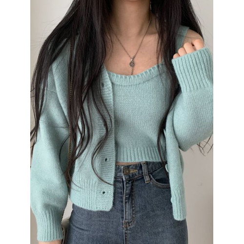 斬男溫柔小香風純色毛衣外套女2025年春秋新款背心針織開衫兩件套