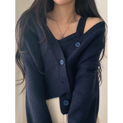 斬男溫柔小香風純色毛衣外套女2025年春秋新款背心針織開衫兩件套