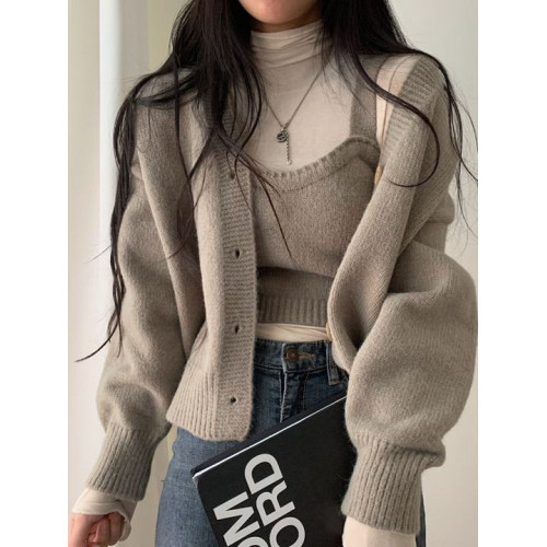 斬男溫柔小香風純色毛衣外套女2025年春秋新款背心針織開衫兩件套