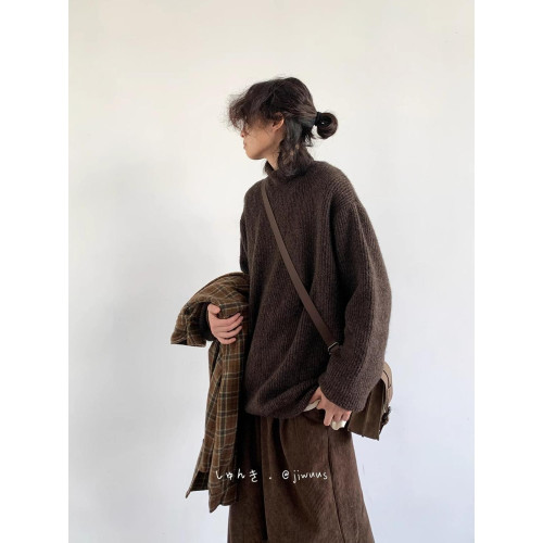 日系中性美拉德基礎款純色毛衣男女秋冬寬松高領百搭套頭針織上衣