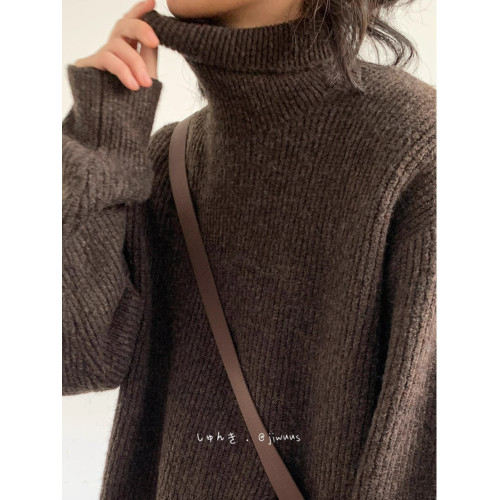 日系中性美拉德基礎款純色毛衣男女秋冬寬松高領百搭套頭針織上衣