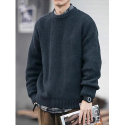 冬季加厚毛衣男款圓領寬松男裝純色線衣高級感休閒保暖針織衫外套