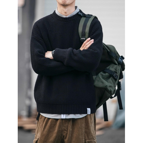 冬季加厚毛衣男款圓領寬松男裝純色線衣高級感休閒保暖針織衫外套