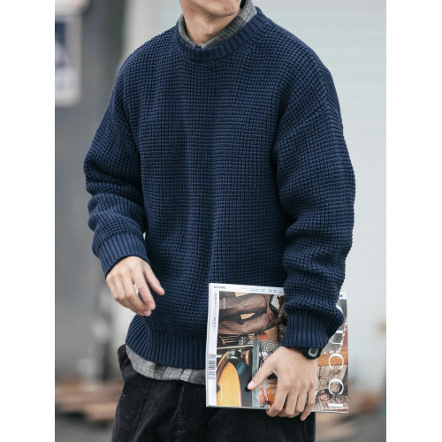 冬季加厚毛衣男款圓領寬松男裝純色線衣高級感休閒保暖針織衫外套