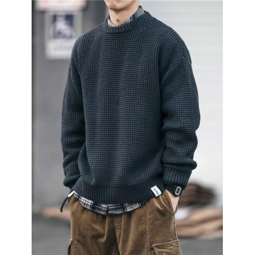 冬季加厚毛衣男款圓領寬松男裝純色線衣高級感休閒保暖針織衫外套