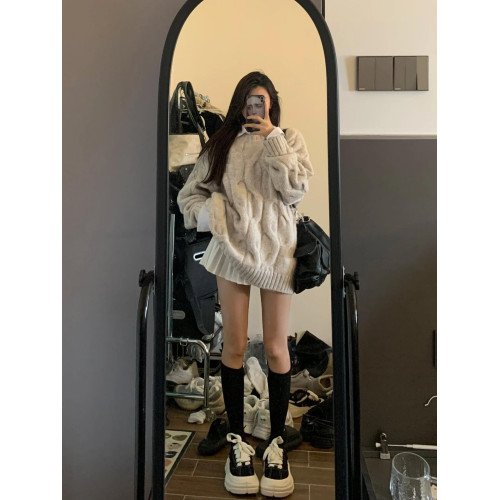 溫柔軟糯圓領奶fufu藍色麻花毛衣女秋冬寬松慵懶風加厚外穿上衣