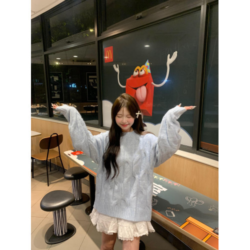 溫柔軟糯圓領奶fufu藍色麻花毛衣女秋冬寬松慵懶風加厚外穿上衣