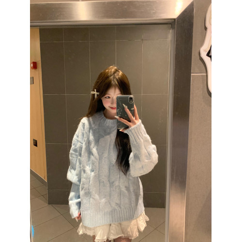 溫柔軟糯圓領奶fufu藍色麻花毛衣女秋冬寬松慵懶風加厚外穿上衣