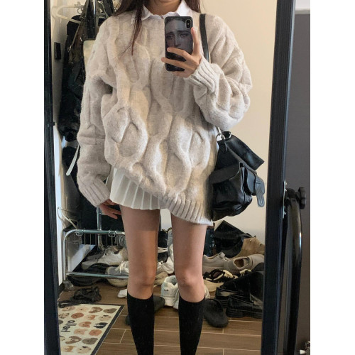 溫柔軟糯圓領奶fufu藍色麻花毛衣女秋冬寬松慵懶風加厚外穿上衣