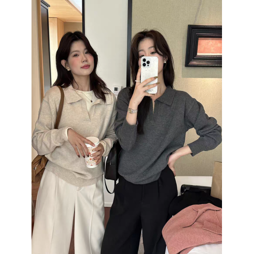 灰色翻領毛衣女內搭針織衫2025秋冬新款慵懶風POLO打底衫韓系上衣