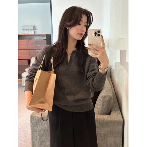 灰色翻領毛衣女內搭針織衫2025秋冬新款慵懶風POLO打底衫韓系上衣