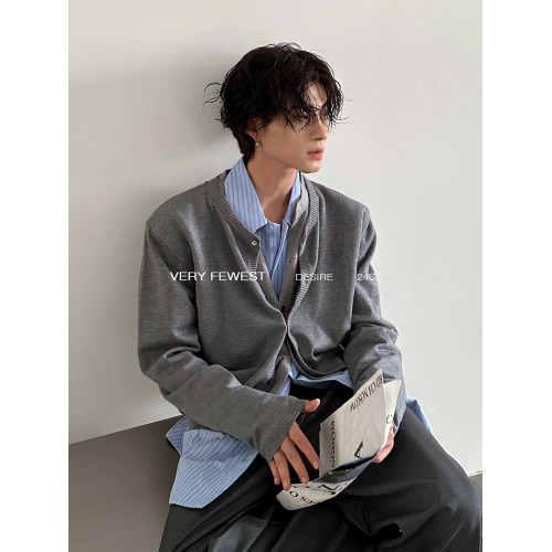 VERY FEWEST 時髦假兩件撞色拼接針織衫男女秋季慵懶短款開衫毛衣 VERY FEWEST 時髦假兩件撞色拼接針織衫男女秋季慵懶短款開衫毛衣