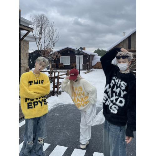 DAY NY原創2025美式復古字母水貂毛慵懶風毛衣情侶休閒針織衫外套