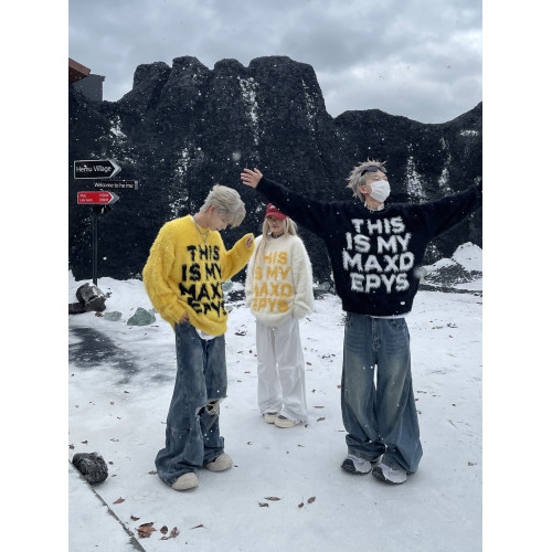 DAY NY原創2025美式復古字母水貂毛慵懶風毛衣情侶休閒針織衫外套