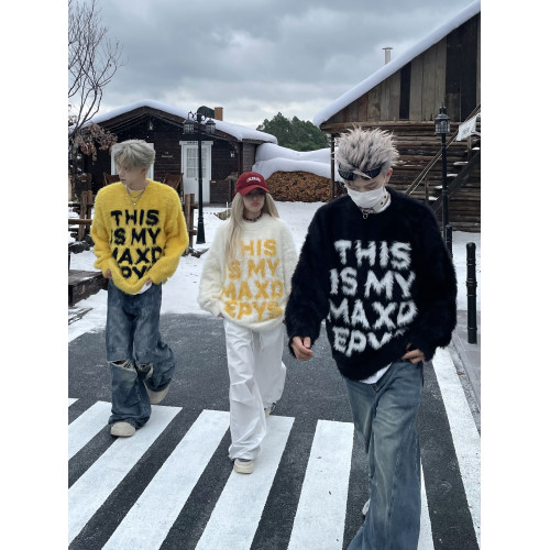 DAY NY原創2025美式復古字母水貂毛慵懶風毛衣情侶休閒針織衫外套