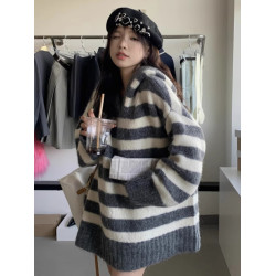 軟糯撞色條紋連帽套頭毛衣女秋冬外穿慵懶風寬松中長款針織衫上衣