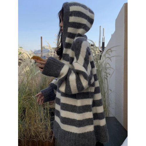 軟糯撞色條紋連帽套頭毛衣女秋冬外穿慵懶風寬松中長款針織衫上衣 軟糯撞色條紋連帽套頭毛衣女秋冬外穿慵懶風寬松中長款針織衫上衣