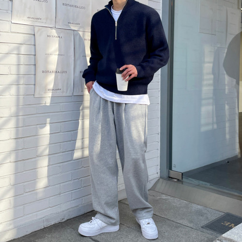 半高領拉鍊針織衫男美式復古寬松落肩長袖t恤慵懶風套頭毛衣外套