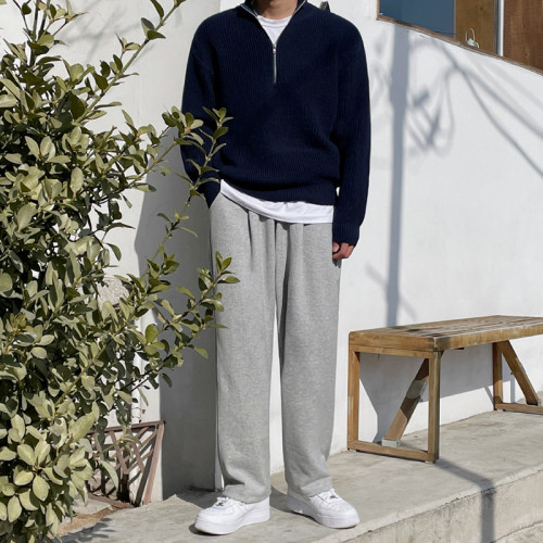 半高領拉鍊針織衫男美式復古寬松落肩長袖t恤慵懶風套頭毛衣外套