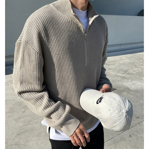 半高領拉鍊針織衫男美式復古寬松落肩長袖t恤慵懶風套頭毛衣外套