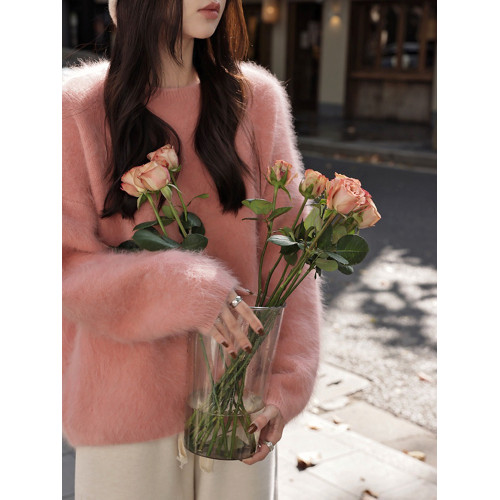 法式毛絨絨溫柔毛衣女2024冬季保暖新款氛圍感上衣粉色加厚針織衫