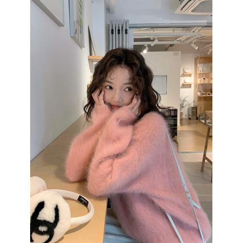 法式毛絨絨溫柔毛衣女2024冬季保暖新款氛圍感上衣粉色加厚針織衫