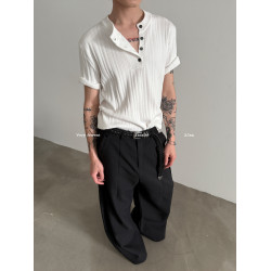 VERY FEWEST 高彈肌理感套頭針織衫夏季通勤老錢風亨利領短袖T恤