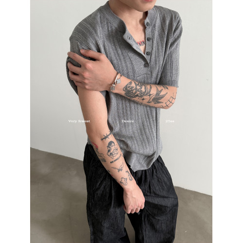 VERY FEWEST 高彈肌理感套頭針織衫夏季通勤老錢風亨利領短袖T恤