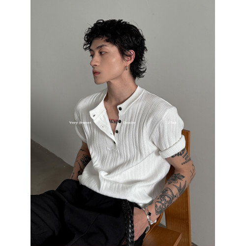 VERY FEWEST 高彈肌理感套頭針織衫夏季通勤老錢風亨利領短袖T恤