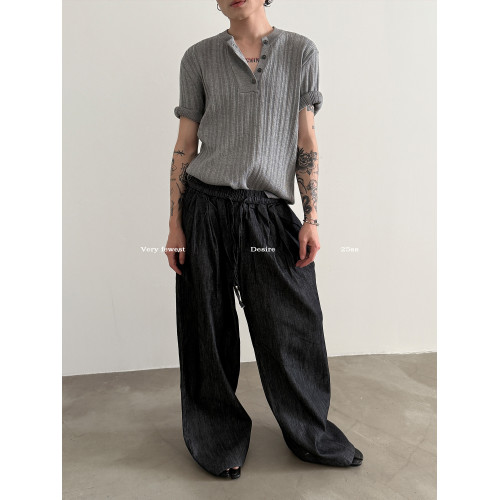 VERY FEWEST 高彈肌理感套頭針織衫夏季通勤老錢風亨利領短袖T恤