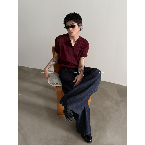 VERY FEWEST 高彈肌理感套頭針織衫夏季通勤老錢風亨利領短袖T恤