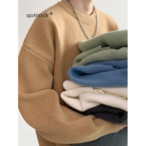 復古毛衣男秋季新款潮牌寬松ins簡約純色圓領針織衫慵懶情侶外套