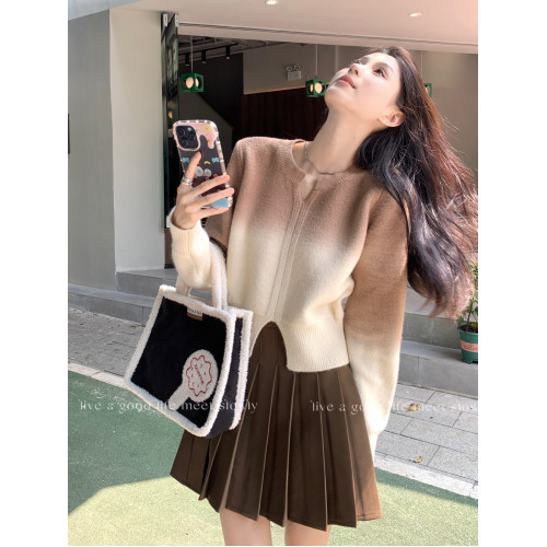 高級感粉色漸變色v領開叉毛衣女秋冬針織內搭打底衫修身短款上衣