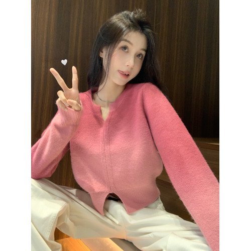 高級感粉色漸變色v領開叉毛衣女秋冬針織內搭打底衫修身短款上衣