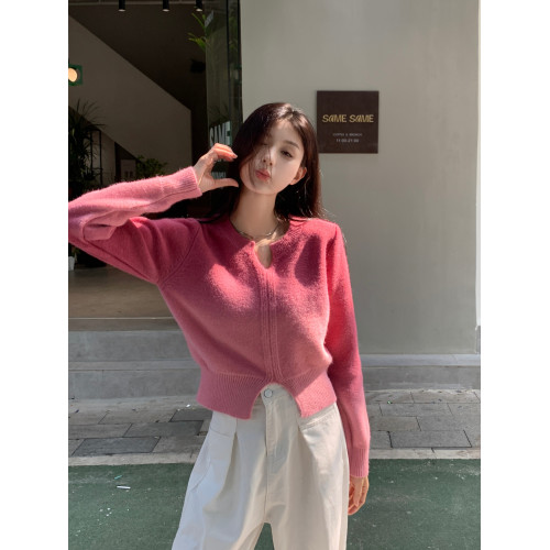 高級感粉色漸變色v領開叉毛衣女秋冬針織內搭打底衫修身短款上衣