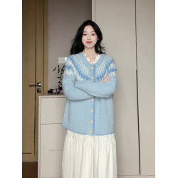 復古設計感藍色費爾島提花毛衣外套女秋冬外穿慵懶風聖誕針織外套