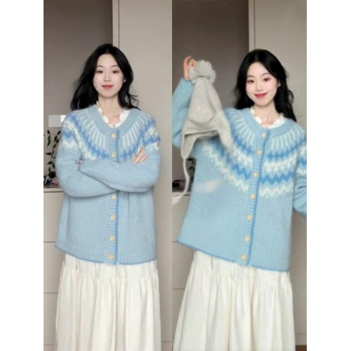 復古設計感藍色費爾島提花毛衣外套女秋冬外穿慵懶風聖誕針織外套 復古設計感藍色費爾島提花毛衣外套女秋冬外穿慵懶風聖誕針織外套