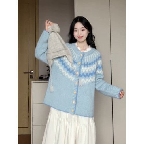 復古設計感藍色費爾島提花毛衣外套女秋冬外穿慵懶風聖誕針織外套 復古設計感藍色費爾島提花毛衣外套女秋冬外穿慵懶風聖誕針織外套