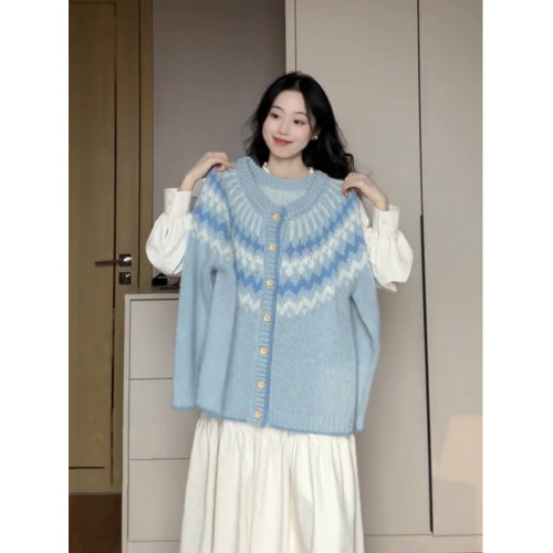 復古設計感藍色費爾島提花毛衣外套女秋冬外穿慵懶風聖誕針織外套 復古設計感藍色費爾島提花毛衣外套女秋冬外穿慵懶風聖誕針織外套