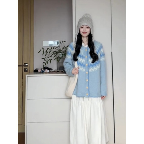 復古設計感藍色費爾島提花毛衣外套女秋冬外穿慵懶風聖誕針織外套 復古設計感藍色費爾島提花毛衣外套女秋冬外穿慵懶風聖誕針織外套