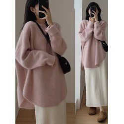 浣熊絨套頭毛衣女秋冬外穿中長款日系慵懶復古開叉冬季加厚針織衫