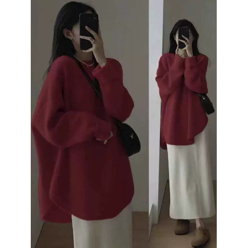 浣熊絨套頭毛衣女秋冬外穿中長款日系慵懶復古開叉冬季加厚針織衫