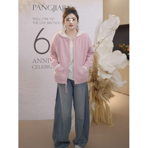 胖佳大碼女裝韓系圓領拉鍊毛衣外套女秋胖mm寬松顯瘦百搭針織開衫