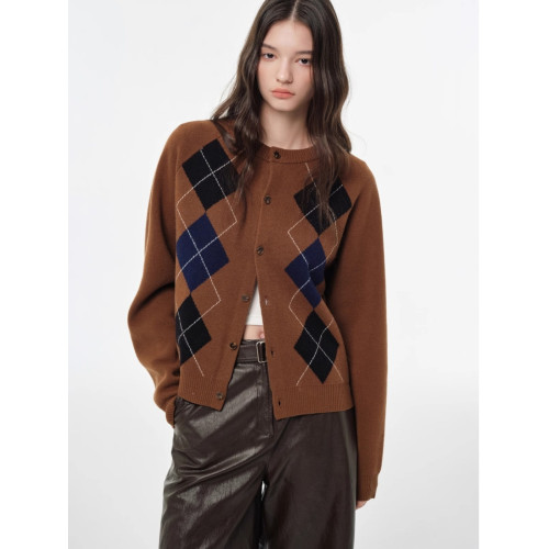 法式復古撞色菱格針織開衫女秋冬顯瘦內搭插肩袖打底毛衣上衣外套 法式復古撞色菱格針織開衫女秋冬顯瘦內搭插肩袖打底毛衣上衣外套