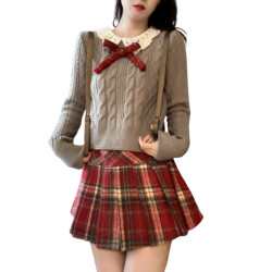 甜美娃娃領灰色針織衫上衣女秋冬2025新款慵懶內搭減齡蝴蝶結毛衣