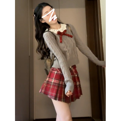 甜美娃娃領灰色針織衫上衣女秋冬2025新款慵懶內搭減齡蝴蝶結毛衣 甜美娃娃領灰色針織衫上衣女秋冬2025新款慵懶內搭減齡蝴蝶結毛衣