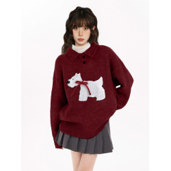 新年紅色小狗polo翻領套頭毛衣女秋冬冬季高級感針織衫本命年上衣